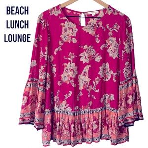 beachlunchlounge PINK FLORAL PAISLEY PEPLUM BLOUSE Bell Sleeves SHABBY CHIC TOP